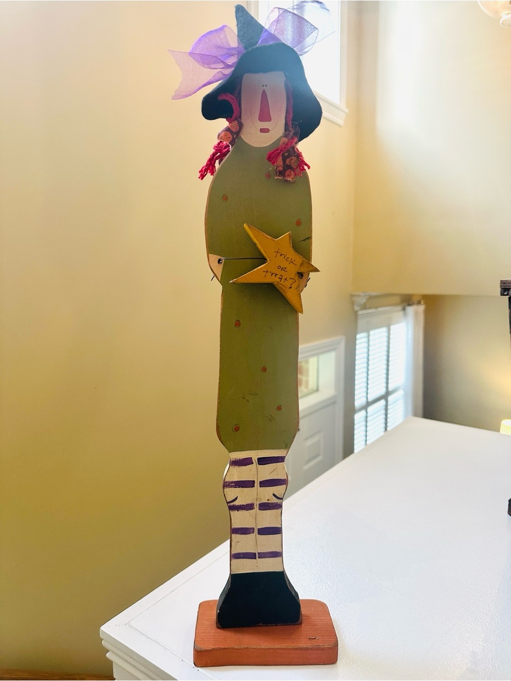 Handcrafted Green Hand Painted Wood Witch Holiday Decor